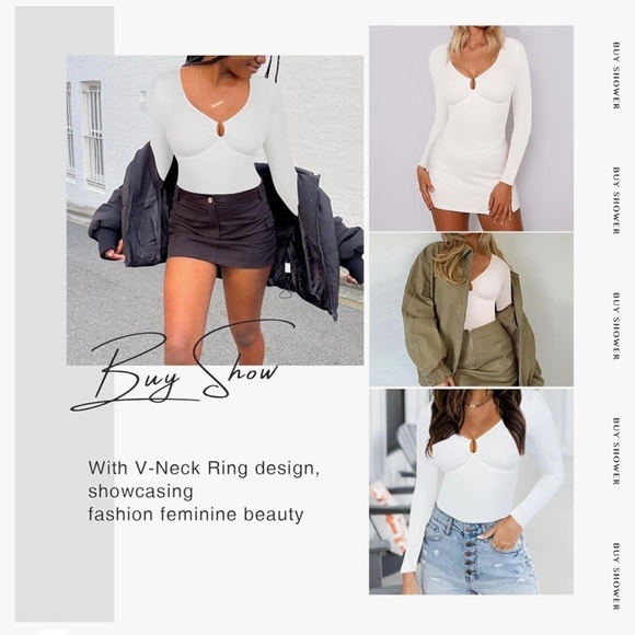 NWT FeelinGirl Tummy Control Long Sleeve White Deep V Neck U Ring Bodysuit - Picture 5 of 13